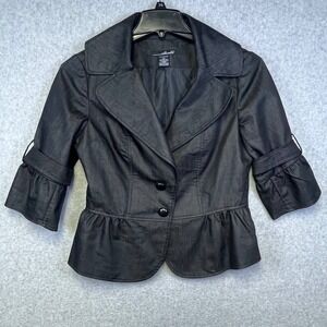 Willi Smith Blazar Women's 6 Black Peplum Jacket 3/4 Sleeve Ruffle Hem Lined
